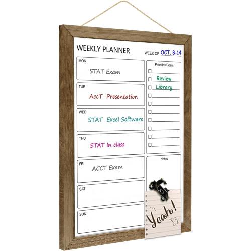 Dry Erase White Board Weekly Calendar Board, Magnetic Whiteboard for Wall,10.6“x14.7 Solid Wood Rustic Brown Framed Message Board, Planner Board for Office, Home, Schooll(Weekly-BB-RB-2737)
