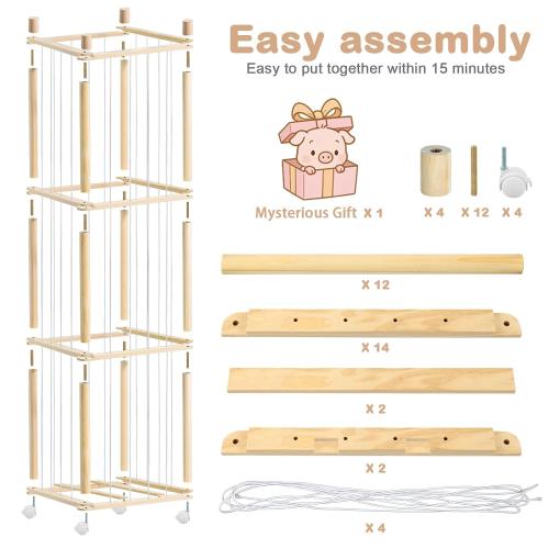 Stuffed Animal Storage, Wood Stuffed Animal Zoo Storage with Brake Wheels, Space Save Toy Organizer, Large Capacity Stuffed Animal Holder, Perfect for Nursery Playroom Kidroom Bedroom-54.3 Inch
