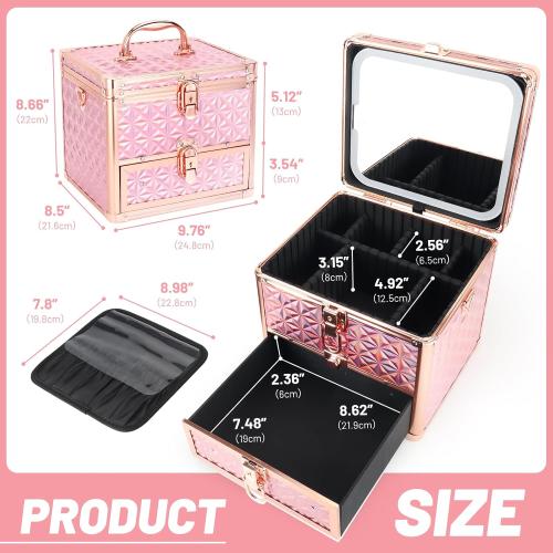 Makeup Case with Drawer, Detachable Lighted LED Mirror, Travel Vanity Organizer, Portable Cosmetic Train Case, Lockable Makeup Suitcase with Adjustable Dividers, Shoulder Strap, Brush Holder