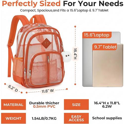 Clear Backpack for School Girls Boys, Heavy Duty Large Transparent See Through Women Bookbags for Travel College Workplace Security Approved - Orange