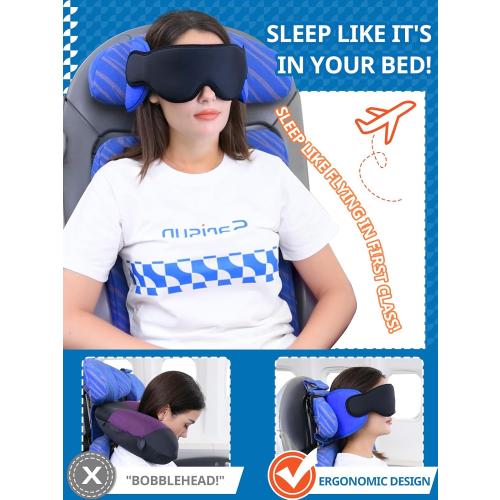 Travel Pillows for Airplanes, Airplane Pillow for Sleeping with 3D Eye Mask, 360° Support Headrest for Long Flight, Road Trip, Stop Bobblehead Relieve Neck Pain, Blue