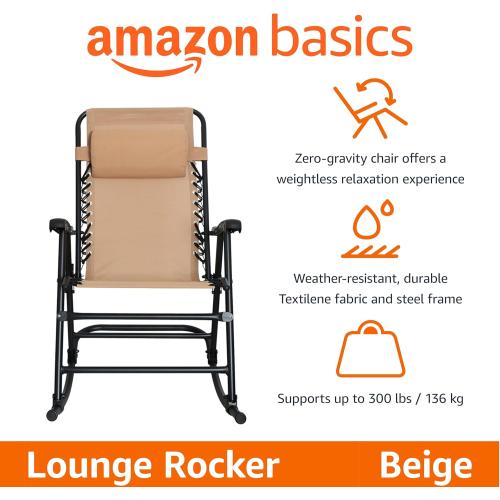 Amazon Basics Outdoor Patio Folding Reclining Lounge Rocking Chair with Pillow, Affordable Folding Chairs for Outside, Beige, 33.6 x 37.4 x 26 inch