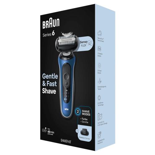 Color Blue Braun Electric Shaver for Men, Series 6 6120s, Wet & Dry Shave, Turbo & Gentle Shaving Modes, with Precision Trimmer & Pouch, Blue