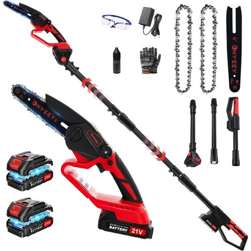 2-in-1 Cordless Pole Saw for Tree Trimming, 800W Brushless 6 Inch Mini Chainsaw, Lightweight Tree Trimmer with 2x 21V Batteries & Extension Pole for High Tree Pruning & Yard Work (DZJ3028)