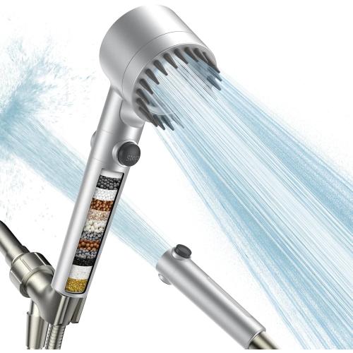 Filtered Shower Head with Handheld, High Pressure Water Flow and Multiple Spray Modes Shower Head with Filter, Power Wash for Hard Water, Showerhead with ON/OFF Switch for Pets Bath (Silver)