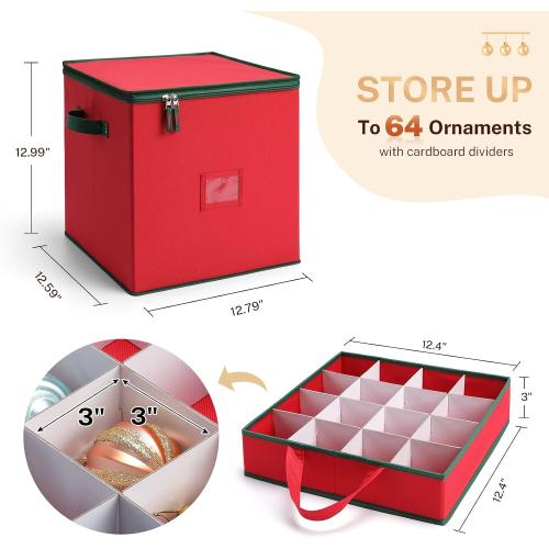 MaidMAX Ornament Storage Box, Christmas Ornament Storage, Ornament Storage | 64 Christmas Balls Storage Containers with Adjustable Dividers, Zippered Closure, 4 Removable Trays, 600D Oxford, 13x13x13