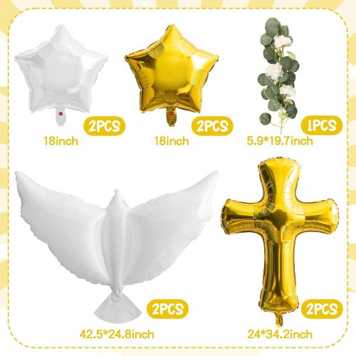 Xqumoi Religious Foil Balloons Party Decoration - 8Pcs Cross White Dove Aluminum Balloons Eucalyptus Vine for Baptism First Communion Party Supplies God Bless Christening Memorial Baby Shower (Gold)