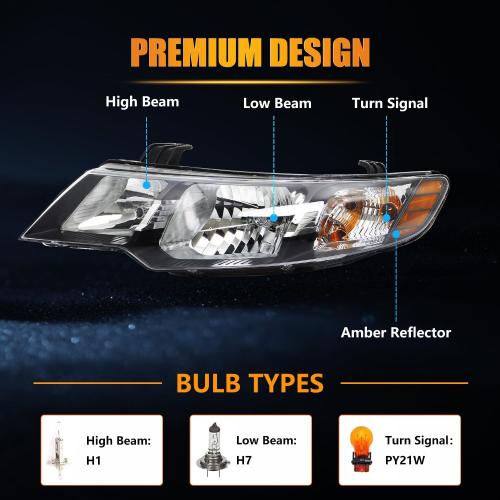 Headlight Assembly for 2010-2013 Kia Forte/Koup LX EX SX, Passenger & Driver Side Halogen Headlamp with Clear Lens Black Housing Amber Reflector, 1 Pair