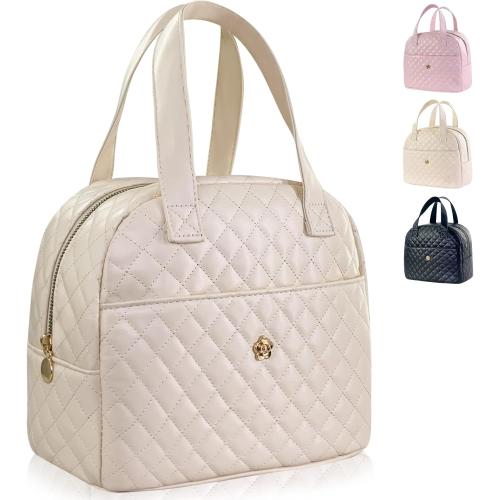 Mziart Insulated Lunch Bag for Women Men, PU Leather Lunch Tote Bag for Women Aesthetic Lunch Box Bag Thermal Bento Cooler Bag Sack Food Handbags for Work Office Picnic Travel (Beige)