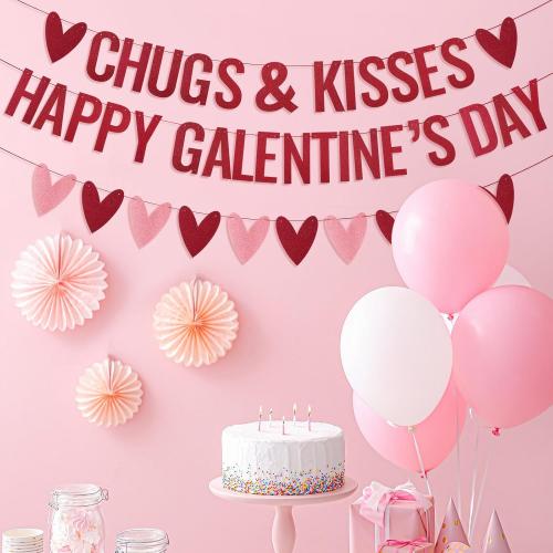 Epakh Happy Galentines Day Banner Chugs and Kisses Banner with Red Pink Glittery Heart Garland Romantic Galentines Day Party Decorations Hug Kiss Love Anniversary Valentines Party Supplies