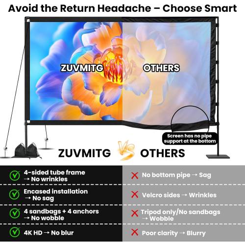 120inch Projector Screen with Stand: Portable Projector Screen Outdoor Indoor Front/Rear16:9 4K HD with Carry Bag Sandbag- Movie Screen for Backyard Moive Night, Camping, Theater