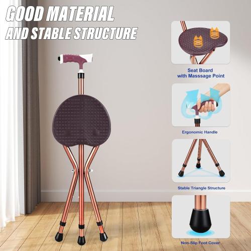 Folding Cane Seat Sturdy Lightweight Adjustable Handle Legs with LED Light Cushion for Elderly Walking Stick 300 lbs Large Plate