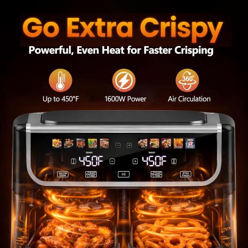 Simple Deluxe 9.5-Qt Dual Basket Air Fryer, 10-in-1 Digital Preset 1700W Airfryer, Sync Cook, Independent Temp Control, Shake Reminder, Nonstick Basket, Black