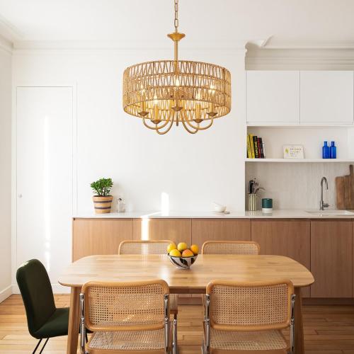 5-Light Boho Large Rattan Chandelier Light Fixture, Gold Rattan Chandeliers for Dining Room with Hand Woven Shade, Farmhouse Rustic Drum Hanging Pendant Light Fixture for Living Room, Hallway, Foyer