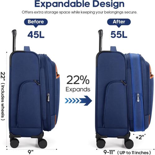 UKEIN Softside Expandable Carry On Luggage 22x14x9 Airline Approved, 20 Inch Suitcase with Wheels & TSA Lock, Travel Suitcase with 4-Piece Packing Bags for Women Men