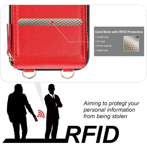KIHUWEY Crossbody Wallet Case for iPhone 13 iPhone 14, Zipper Pocket Case with Card Holder, PU Leather RFID Blocking Protective Cover Case with Kickstand Detachable Wrist Strap Lanyard 6.1 (Red)