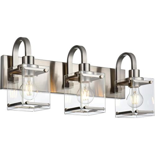 3-Light Bathroom Vanity Light Fixtures, Modern Vanity Lights with Clear Glass Shade Wall Light Brushed Nickel Wall Sconce Lighting for Living Room, Bedroom Kitchen Farmhouse