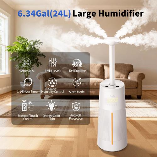 Humidifier for Large Room-6.3Gal Cool Mist, Top Fill,3000ft²,Beige | Commercial Humidifier with 4X Atomizers,1500mL/h Mist Output with Auto Mode,40H Runtime,Quiet Humidifiers for Bedroom & Plant
