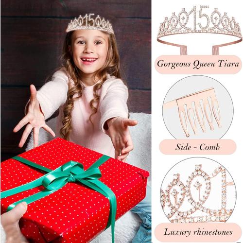 15th Birthday Decorations for Girls, 15th Birthday Sash and Crown, Cake Topper, Number Candles and Balloons, 15 Year Old Gifts for Girls