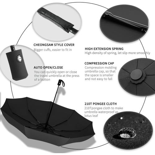 SIEPASA Compact Travel Umbrella - Windproof Auto Open/Close, Small Folding Umbrella for Rain - Lightweight & Durable with Fiberglass Frame, Waterproof Canopy - Fits Backpack, Purse, Suitcase. (Black)