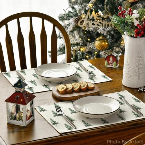 Artoid Mode Green Xmas Pine Christmas Placemats Set of 4, 12x18 Inch Seasonal Christmas Table Mats for Party Kitchen Dining Decoration