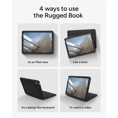 ZAGG Rugged Book iPad 11 (A16)/ 10.9 (Gen 10) Case - Durable Wireless Keyboard Case, Military-Grade Drop Protection, Multi-Device Pairing, Detachable Backlit Keyboard, Black