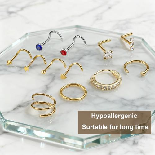 20G Surgical Stainless Steel Nose Rings Hoops & Studs - Hypoallergenic Nose Screw Piercing with 2-3mm Gold-Tone CZ, Multi-Size for Women Men