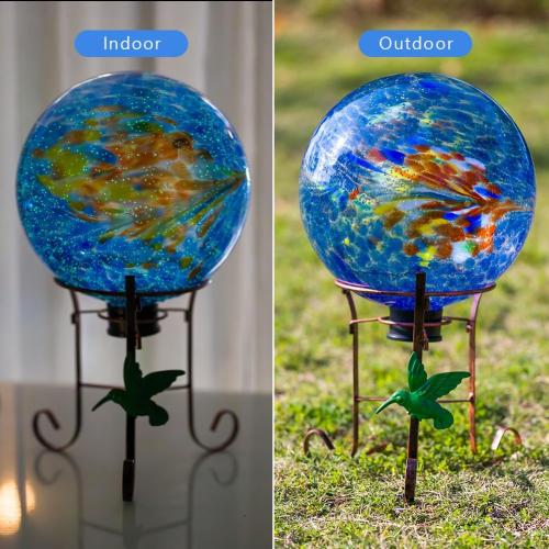 10 Diameter Garden Gazing Balls with 8.5 Hummingbird Metal Stand Indoor Outdoor Glass Globe Sphere Yard Ornament Gazing Balls for Garden,Home,Lawn,Patio,Porch(Blue)