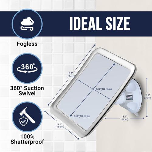 MIRRORVANA Fogless Shower Mirror for Shaving with Upgraded Suction, Anti Fog Shatterproof Surface and 360° Swivel, No Magnification, 6.3 x 6.3 (Chrome)