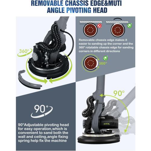Size 4.8FT to 5.6FT Drywall Sander, MYTOL 7.2A Electric Wall Sander with Vacuum Dust Collection, 6 Adjustable Speeds 900-1800RPM, LED Light, Extendable Handle, Foldable Electric Drywall Sanders 12Pcs Sanding discs-Grey