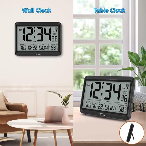 WallarGe Atomic Clock with Indoor Outdoor Temperature - 8.5'' Digital Clock Battery Operated, Self-Setting, 4 Time Zones, DST