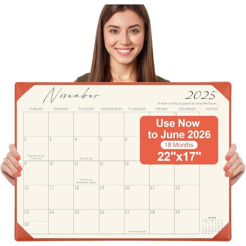 Gannyfer Desk Calendar 2025-2026 with Desktop Mat, Simplified Large 22 x 17 Desktop Pad Calendar, 18-Month Table Calendar from Jan 2025 to Jun 2026, Office Supplies Perfect for Home School and Office - Orange