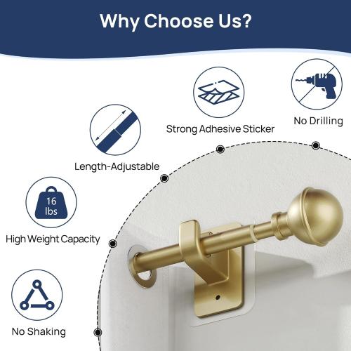 ENJOYBASICS No Drill Curtain Rods for Window 28 to 47 Inches, 5/8 Inch Diameter Renter Friendly Drapery Rod with Adhesive Brackets without Drilling, Adjustable from 27 to 52 Inches, Gold