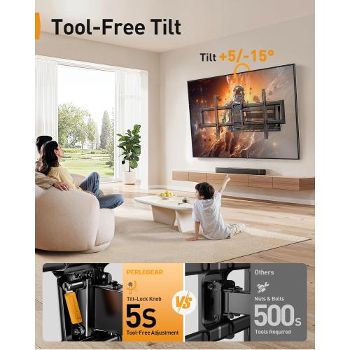 Black 42-90 Perlegear Long Arm Full Motion TV Wall Mount for 42–90 Inch TVs up to 150 lbs, 40″ Long Extension, Pre-Assembled Corner TV Mount with Full Swivel, Tilt, Fits 8″/12″/16″/24″ Studs, Max VESA 800x400mm