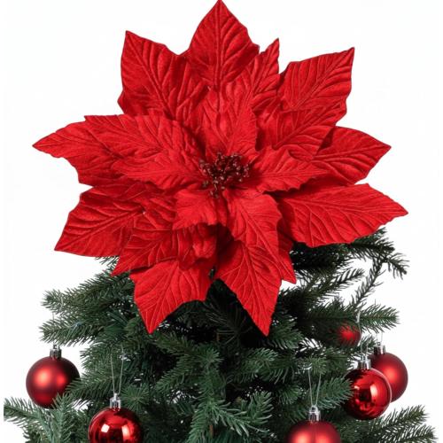 Velvet Poinsettia Christmas Tree Topper 16'' Jumbo Artificial Velveteen Poinsettia with Stem Faux Flower Xmas Tree Ornament for Christmas Holiday Wedding Holiday Party Decor(Classic Red)