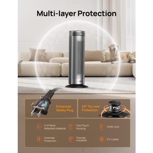 Dreo Space Heater for Large Room, 20 Inch Electric Heaters for Indoor Use, 8 Safe Protection Tower with Dreo FortPlug, 70° Oscillation, PTC Ceramic with Remote, Quiet, 12H Timer, Bedroom, Office