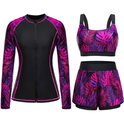 3 Piece Rash Guard for Women Large Purple and Black - Long Sleeve Swimsuits with Shorts SPF Zip up Swim Shirt with Built in Bra