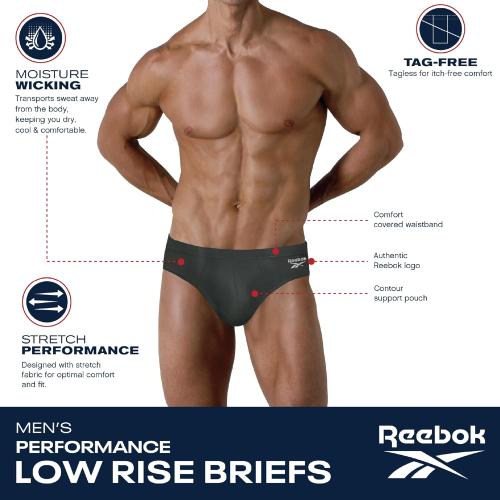 Reebok Mens Low Rise Briefs - 5 Pack Athletic Performance Mens Underwear Briefs with Contour Support Pouch for Gym Daily Wear