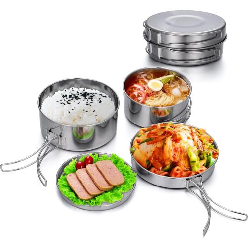 Lixada Camping Cookware Set, 4PCS Portable Stainless Steel Camp Cook Set, Lightweight Stackable Camping Pots and Pans Plate Set Camping Gear for Outdoor Backpacking Camping Hiking Picnic