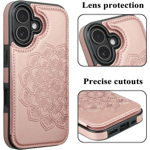 MMHUO for iPhone 17 Case with Card Holder,Flower Magnetic Buttons Protective Wallet Case for Women for iPhone 17 (6.3 Inch),Rose Gold