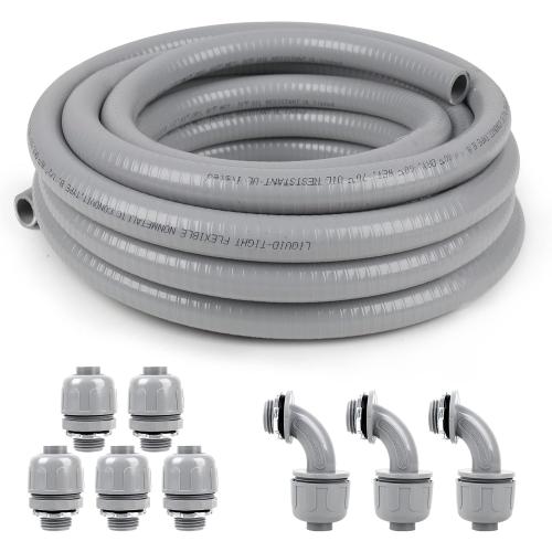 1 inch 25ft Liquid-Tight Conduit and Connector Kit,Flexible Non-Metallic Liquid Tight Electrical Conduit Kit with 5 Straight and 3 90-Degree Connector Fittings,1in. Dia