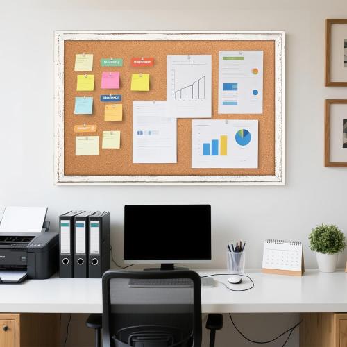 Cork Board Bulletin Board, 36 x 24 Corkboard for Wall, Rustic White Wooden Frame, Hanging Pin Board for Home & Office Decor, 10 Push Pins