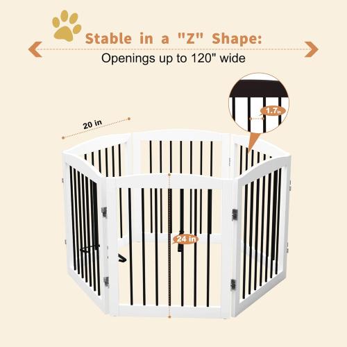 Freestanding Pet Gate for Dogs, Foldable Wooden Dog Gate for House, Extra Wide Indoor Pet Barrier for Stair, Doorway, Hall, Support Feet Included, 120 Inch Wide, 6 Panels 24, White
