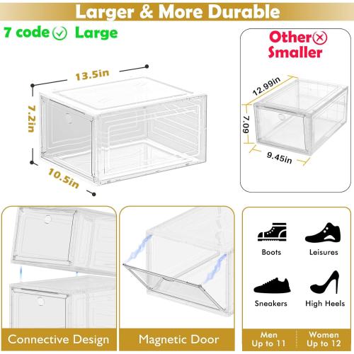 Thickened Clear Shoe Storage Organizer with Magnetic Door, Sturdy Stackable Shoe Boxes for Closet, Collapsible Space-Saving Shoe Rack for Sneakers & Boots, Plastic Shoe Cabinet Box Set, 6 Pack, White