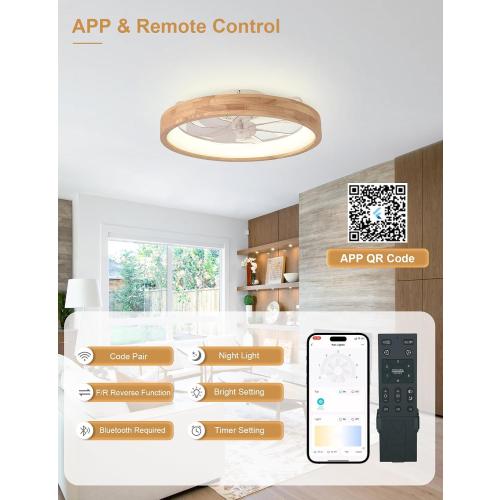 Low Profile Flush Mount Wood Fandelier Ceiling Fan with Light | Remote/APP, timer, memory, reversible, dimmable, 6 speeds; for bedroom, living room.
