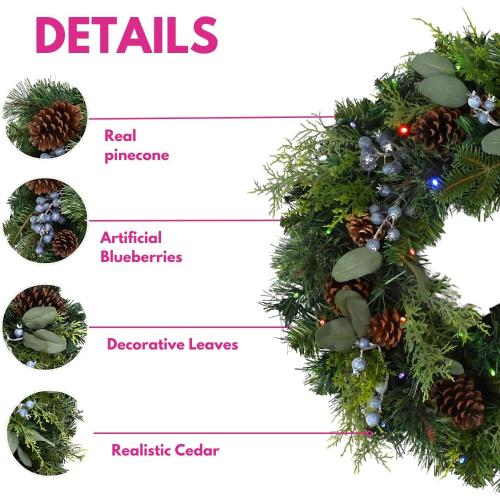 Prelit 24 Holiday Wreath – Lifelike Mixed Artificial Pine & Cedar with Blueberries and 50 Battery-Operated Color-Changing LED Lights, Steady, Twinkle Lights