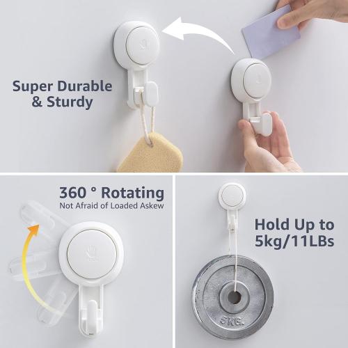 White 4 Pack LEVERLOC Heavy Duty Suction Cup Shower Hooks 4 Pack, Damage-Free Shower Hangers for Inside Bathroom Wall, Powerful Vacuum Suction Towel Hooks, Loofah Holders, Easy to Install and Remove, White