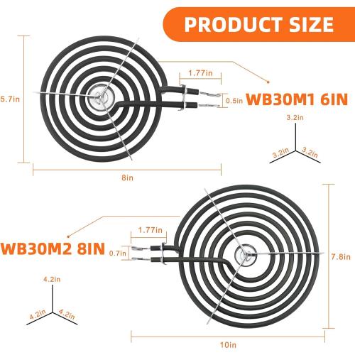 Black Burner Drip Pans WB31M19(8”) WB31M20(6”) Electric Stove Burner Replacement WB30M1(6) WB30M2(8)&WB17T10006 Terminal Block Compatible for G-E Hot-point Ken-more by MIFLUS