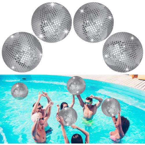 4 Pieces 11 Inch Inflatable Disco Ball ，Inflatable Ball with Disco Ball Cover Rope，Christmas Hanging Decorated ，Disco Ball Party Decorations, Party Design for Swimming Pool Decorations Outdoor