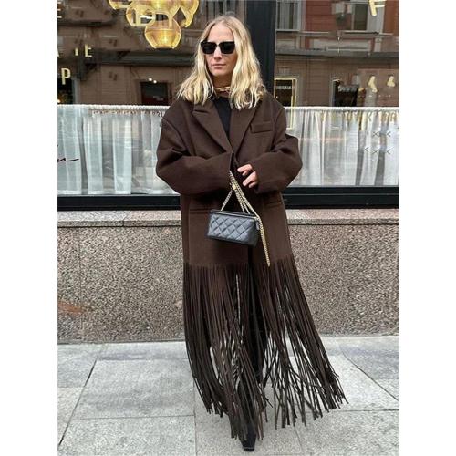 Women Woolen Tassels Long Coats Turn-Down Collar Single Breasted Pockets Jacket Elegant Solid Overcoats